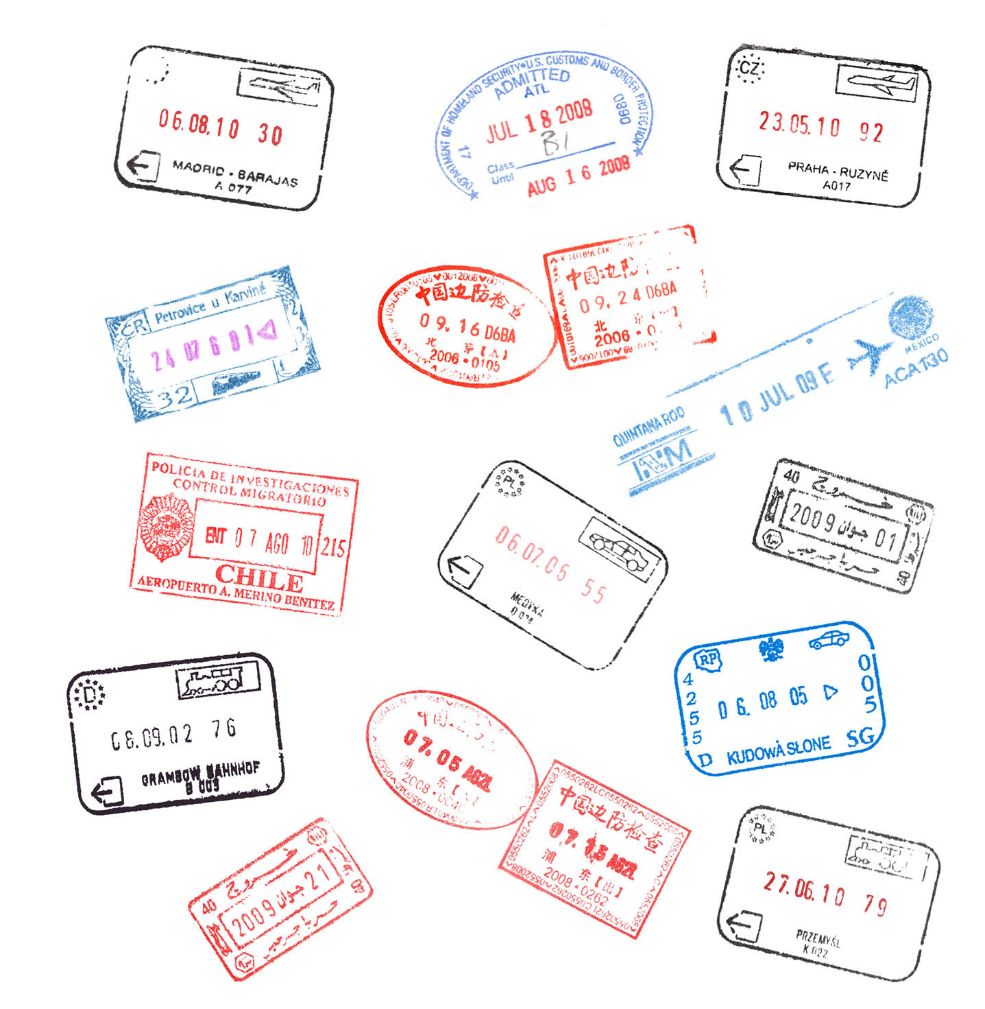 set of various passport visa stamps