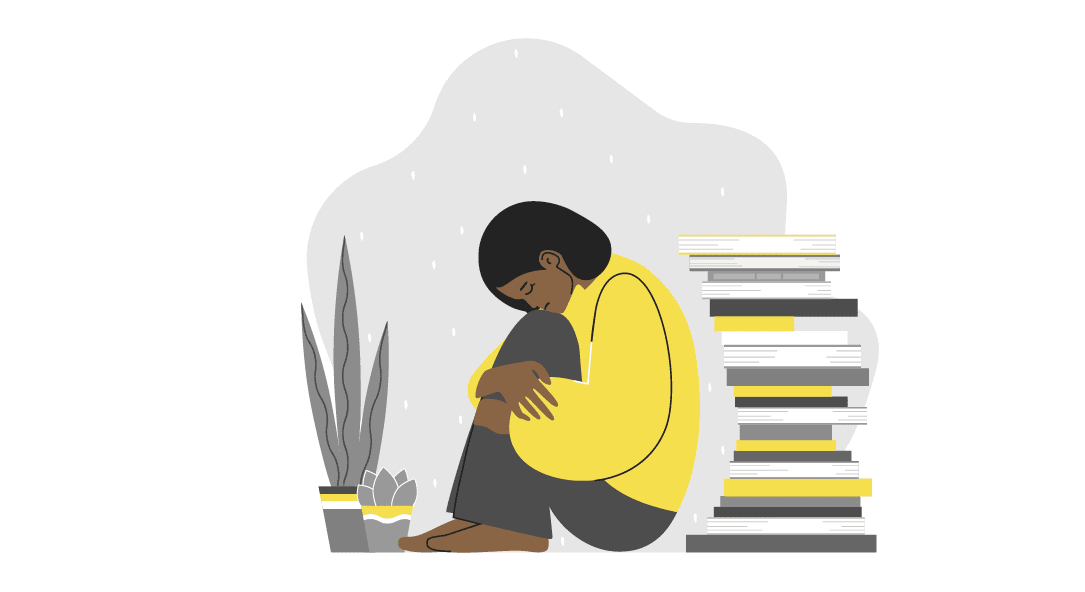 Vector flat concept with tired student (female) sitting and hugging her knees. African American woman is in depressed mood, try to keep mental health during study a lot of literature, exam preparation