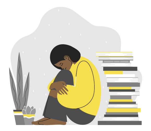 Vector flat concept with tired student (female) sitting and hugging her knees. African American woman is in depressed mood, try to keep mental health during study a lot of literature, exam preparation