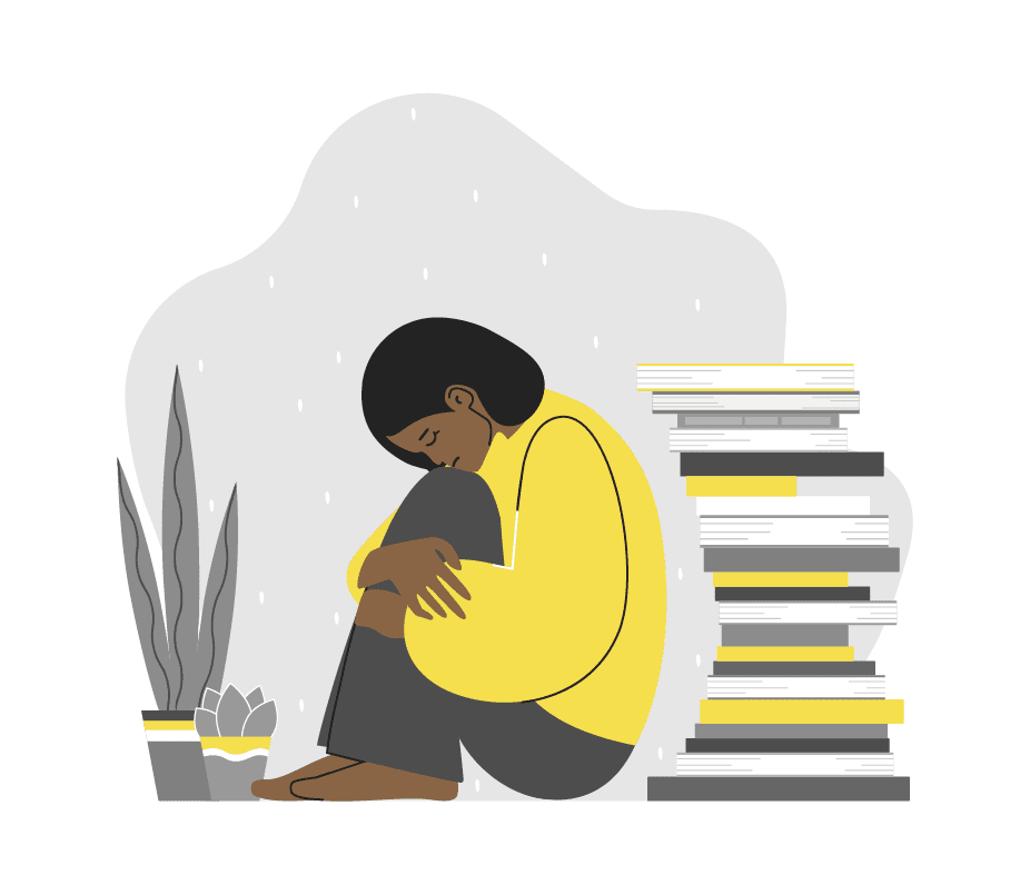 Vector flat concept with tired student (female) sitting and hugging her knees. African American woman is in depressed mood, try to keep mental health during study a lot of literature, exam preparation