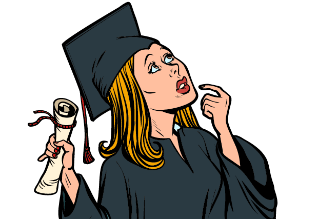 girl graduate thought, the student of College and University  Comic book cartoon pop art retro illustration vector