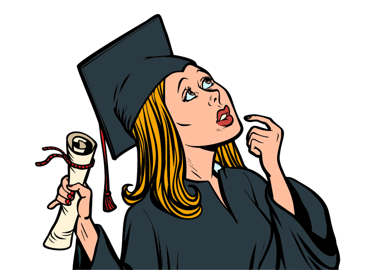 girl graduate thought, the student of College and University  Comic book cartoon pop art retro illustration vector
