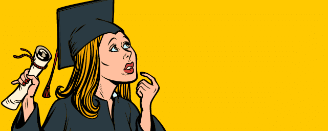 girl graduate thought, the student of College and University  Comic book cartoon pop art retro illustration vector