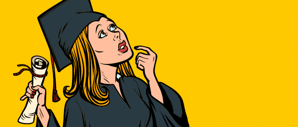 girl graduate thought, the student of College and University  Comic book cartoon pop art retro illustration vector