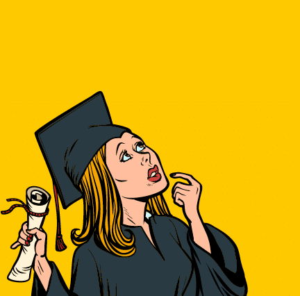 girl graduate thought, the student of College and University  Comic book cartoon pop art retro illustration vector
