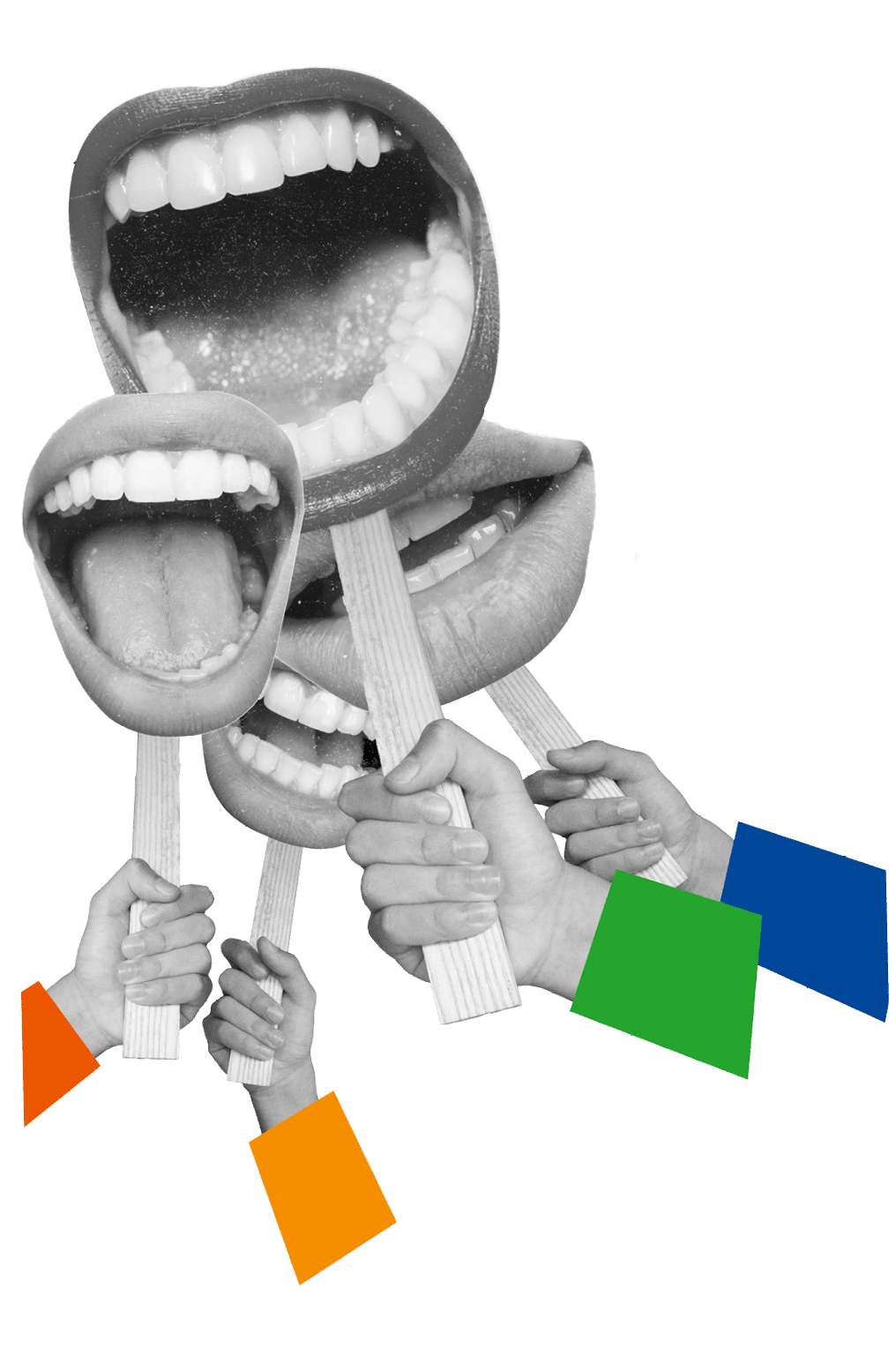 Creative design  Contemporary art collage  Many female mouths talkig, shouting symbolzing communication and quotation  Negotiations  Giving information  Concept of business, ideas, creativity