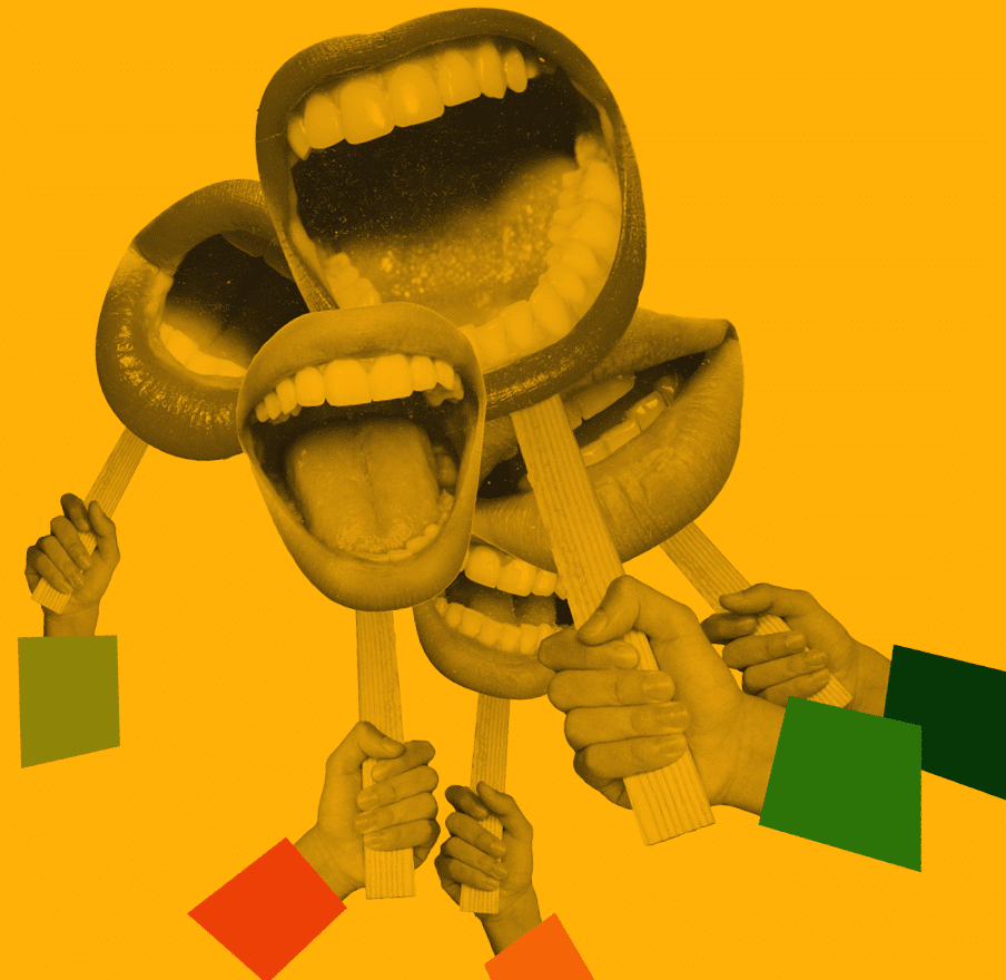 Creative design  Contemporary art collage  Many female mouths talkig, shouting symbolzing communication and quotation  Negotiations  Giving information  Concept of business, ideas, creativity