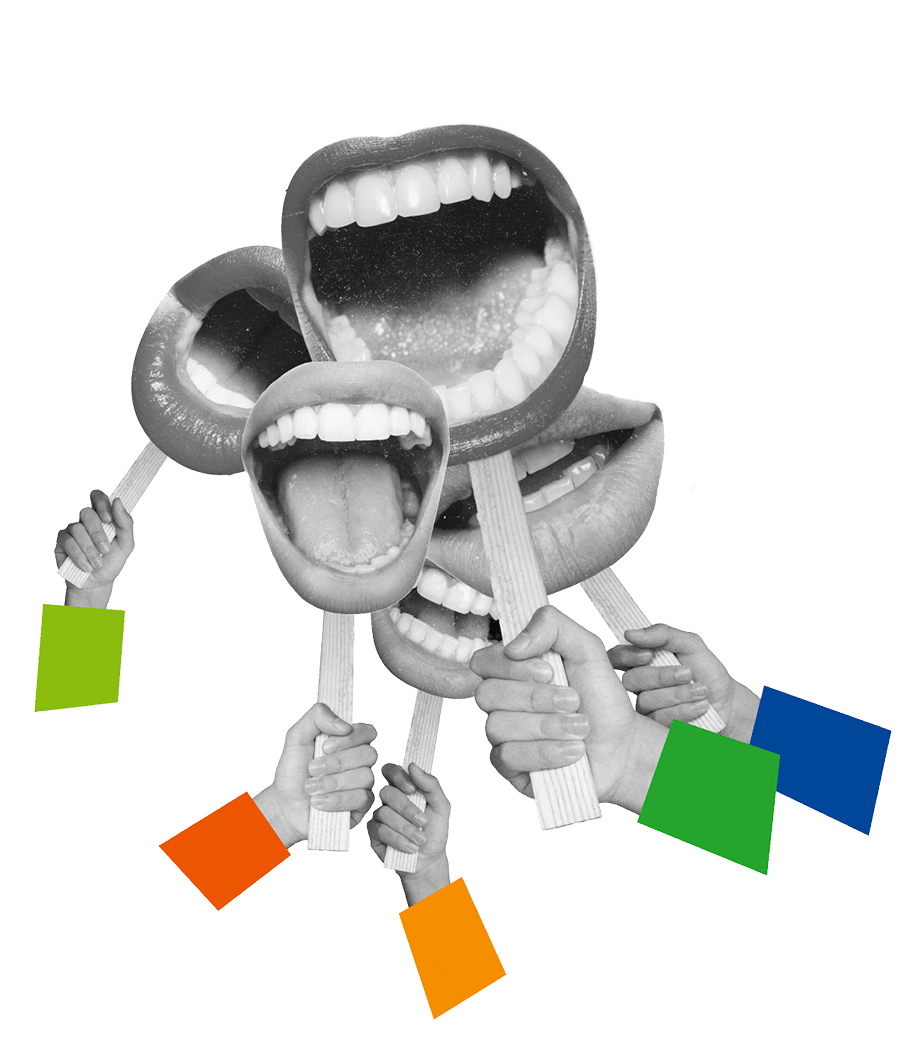 Creative design  Contemporary art collage  Many female mouths talkig, shouting symbolzing communication and quotation  Negotiations  Giving information  Concept of business, ideas, creativity