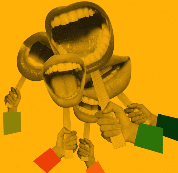 Creative design  Contemporary art collage  Many female mouths talkig, shouting symbolzing communication and quotation  Negotiations  Giving information  Concept of business, ideas, creativity